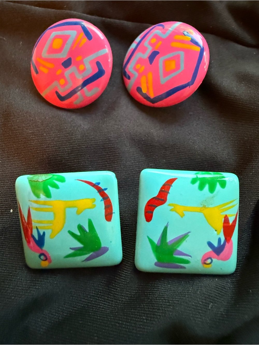 Kids Colorful Parrot & Geometric Button Earring Set - Pink & Turquoise